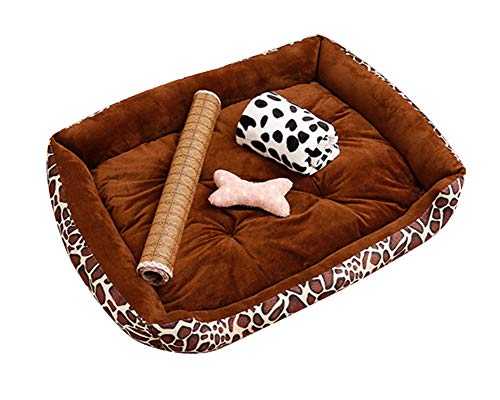 GUOCU Cama Rectangular para Mascotas Diseño de Leopardo Suave Calentar Cómodo Colchoneta para Perro Conjunto de Cuatro Piezas Marrón B Set M