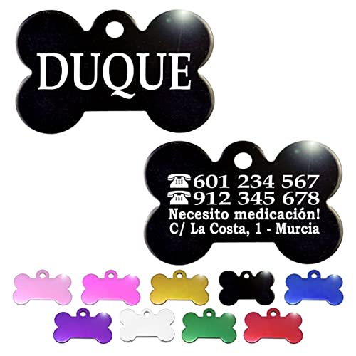 Iberiagifts - Hueso para mascotas medianas-grandes con sin dibujo placa chapa de identificación personalizada para collar perro gato mascota grabada (Negro)