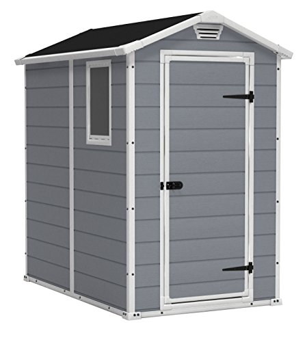 KETER Manor - Cobertizo de almacenamiento exterior, fabricado en resina, ideal para guardar muebles y herramientas de jardín, accesorios de bicicletas, sillas de playa, un cortacésped (gris y blanco, 1,22 x 1,83 m)