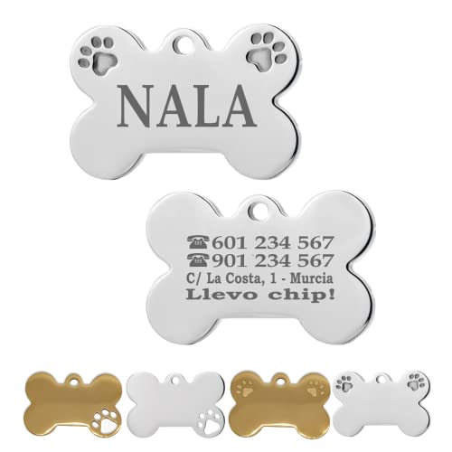 Chapa para Perro y Gato Personalizada - Ideal para Grabar su Nombre y tu Contacto - Placa Identificativa Hecha de Acero Inoxidable - Diseño de Hueso y 2 Huella grande - Iberiagifts