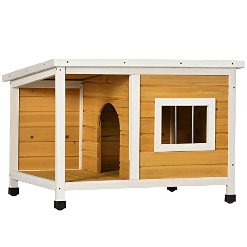 PawHut Caseta para Perros de Madera 85,5x62x60 cm Casa para Mascotas Refugio para Perros con Techo Asfáltico Impermeable y Ventana para Interior Exterior Natural