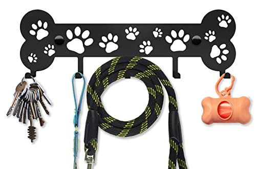 SirHoldeer Home Sweet Home Soporte de pared para correas de perro - 5 ganchos decorativos para los amantes de los animales - Acero inoxidable resistente de fácil montaje Negro 275 x 84 mm