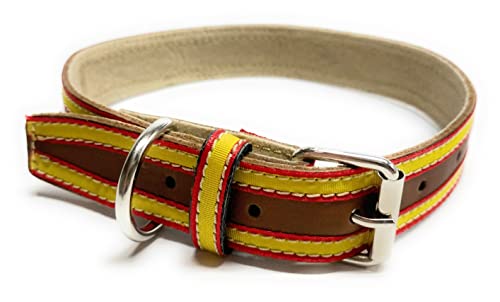 Collar Cuero para Mascotas | Bandera España | Collar Perro | Collar Mascotas | Collar Piel (Cuello DE 32 A 42 CMS., MARRÓN ESPAÑA Lados)