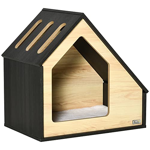 PawHut Caseta de Madera para Perros Perrera Tipo Casa para Uso Interior con Cojín Desenfundable Lavable y 3 Ventilaciones 60x40x59,2 cm Roble y Marrón Oscuro