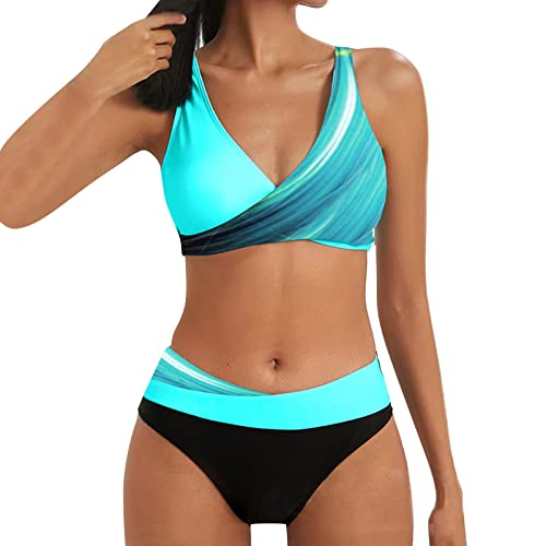 Traje de baño de dos piezas de mujer elegante bajo collar trenzado parte superior bikini halter bikini mujer 2 piezas cintura baja triángulo fruncido inferior bikini, Azul Claro-7, 3XL