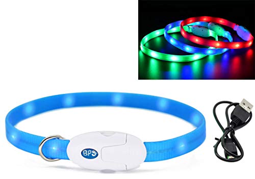 BPS Collar Luminoso Recargable USB para Mascotas Perros Gatos Impermeable Collar de Seguridad Luz Brillante 3 Colores 2 Tamaños para Elegir (1.6 x 40 cm, Azul) BPS-5556AZ