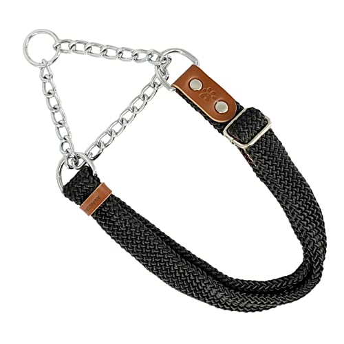 Collar Antitirones Perro. Collar Martingale con Cadena. Collar Adiestramiento Perros Pequeños Medianos Grandes. Nylon Cuero Suave Resistente. Hecho en España. Cognac&Negro.