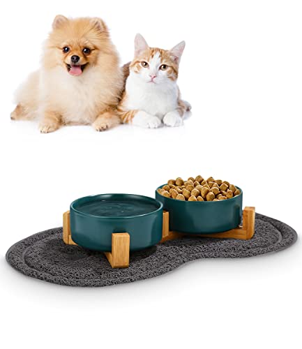 JOFLVA Comedero Gato Perro 2 x 400ml Comedero Gatos Elevado de Ceramica con Soporte de Bambú y Alfombrilla Antideslizante (Verde