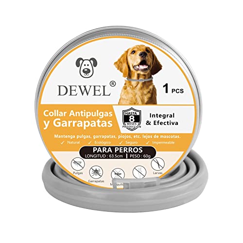 DEWEL Collar Antipulgas y Garrapatas, 8 Meses de Protección, Collar Perros contra Pulgas Garrapatas Mosquitos, Impermeable y Ajustable, 63.5cm, Gris, Nuevo Paquete