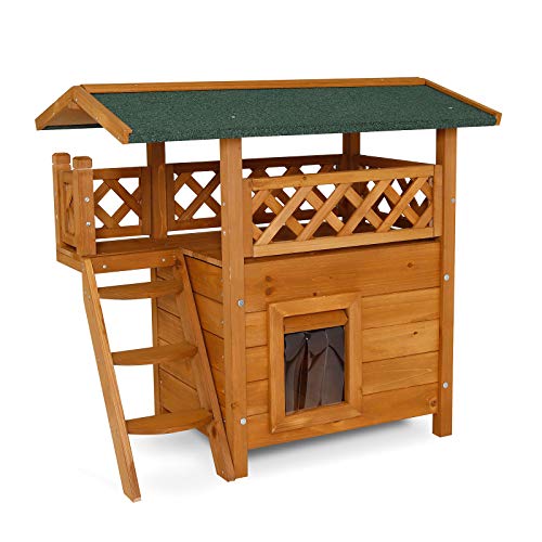 lionto Casa de Gatos Caseta de Madera con Terraza 77x50x73 cm, Naturaleza/Marrón