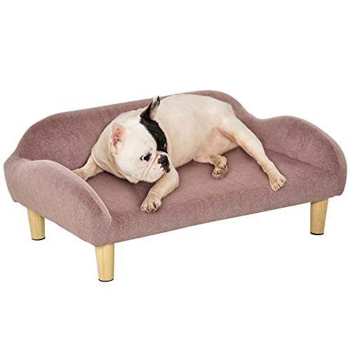 Pawhut Sofá para Mascotas Tapizado en Terciopelo Suave Sofá Cama para Perros Gatos Medianos Pequeños Acolchado Grueso con Patas de Madera 70x40x28 cm Rosa