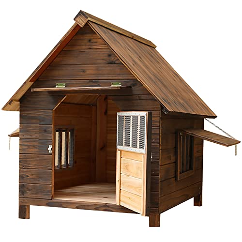 Caseta china para perros de abeto con puerta y ventanas, refugio de madera para exteriores y resistente al viento y a prueba de lluvia (56 x 45 x 48 cm)