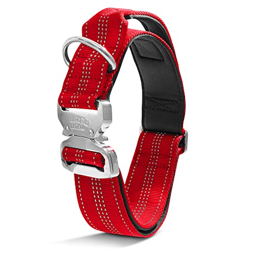 Black Rhino - Collar de perro táctico de neopreno ultra suave acolchado para perros medianos, grandes, XL | Hebilla de metal resistente | Mango acolchado para entrenamiento de perros (XL, rojo)