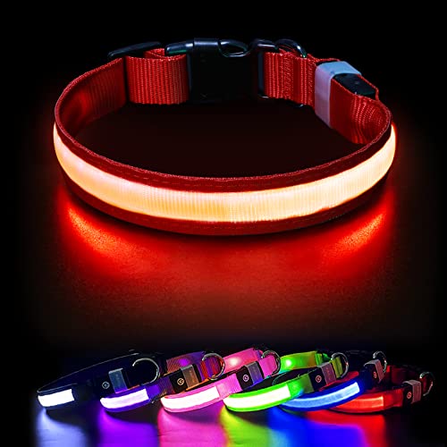 Collar Luminoso Perro, LED Collar para Perro con Luz USB Recargable y 7 Colores, Impermeable Ajustable Collares LED para Perro Pequeño Mediano Grande de Mascota, Rojo-S