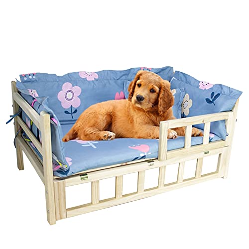 Cama para Perros Azul Valla Madera Elevada Cuna para Mascotas con Ropa de Cama para Todas Las Estaciones/Artritis Ortopédica Mascotas, 50cm - 115cm de Largo Opcional