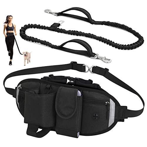 VOBUKE Correas para Perros Manos Libres, Elástica Regulable Bolsa Cintura con Costuras Reflectantes, Cinturon Seguridad Adiestramiento Perro para Trotar Correr Caminar y Coche, Endure 80kg (Negro)