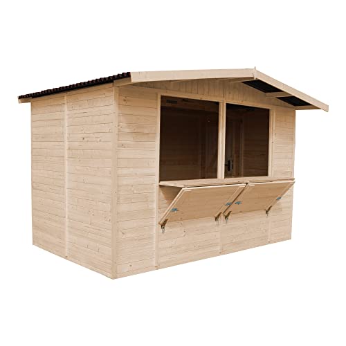 TIMBELA Caseta de Jardín de Madera con Piso, Mostrador y Puerta 336x263cm/6 m2 Puesto de Mercado, Gran Bar de Madera al Aire Libre de Jardín, Puesto de Jardin Venta, Kiosko Bar, Kiosco Eventos M150