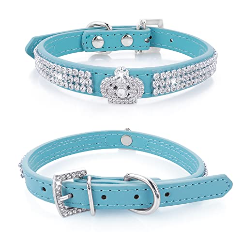 cobee Collar ajustable con diamantes de imitación, collar ajustable para mascotas de piel sintética, collar de gato de cristal para perros pequeños y gatos (azul)