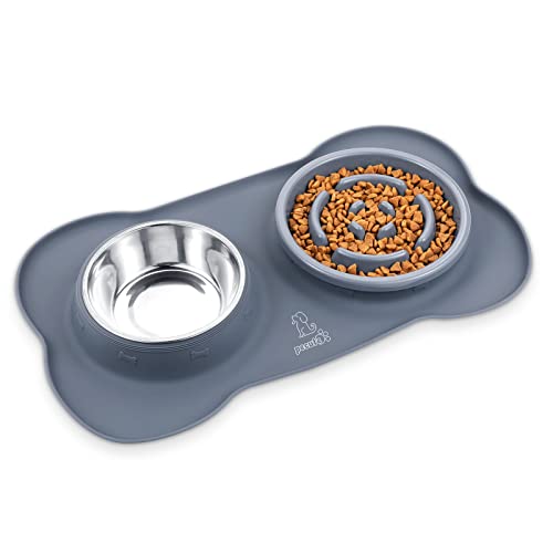 Pecute Comedero para Perros Comedero Lento para Perros Bol para Gatos Tazón Double para Mascotas Comer Lentamente 3-en-1 de Silicona e Acero Inoxidable y una Base de Silicona Antideslizante(M)