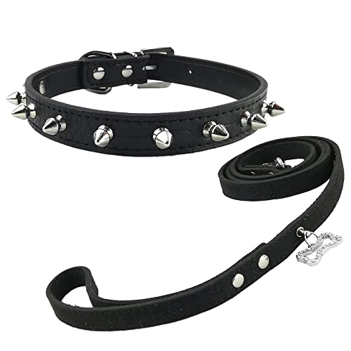 Newtensina Moda Collar y Correa de Perro con Pinchos Punk Grano de cocodrilo Pinchos Collar de Cachorro con Ante Correa para Perros - Negro - XS