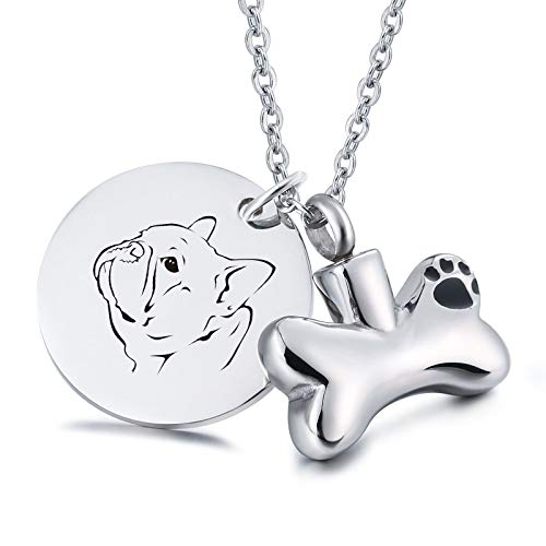 Daesar Colgantes Grabados Personalizados,Colgante Cenizas,Placa de Identidad Perro Pata Hueso Grabado Bulldogge Colgantes para Cenizas Acero Inoxidable Plata