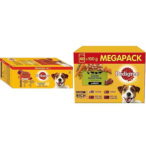 Pedigree Vital Protection Carnes en Gelatina para Perros, Sabor Pollo, Vacuno, Aves y Cordero, 40 x 100 g & Vital Protection Gravy 40x100 g