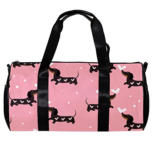 Bolsa de deporte redonda para gimnasio con correa de hombro desmontable, perro salchicha y corazones, bolsa de entrenamiento para mujeres y hombres, multicolor, 45x23x23cm/17.7x9x9in