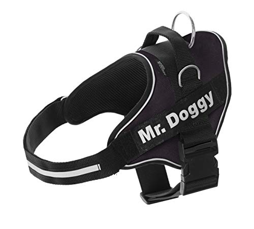 Mr. Doggy Arnés Personalizado para Perros - Reflectante - Incluye 2 Etiquetas con Nombre - Todos los Tamaños - De Calidad y Resistente (M 12-20KG, Negro)