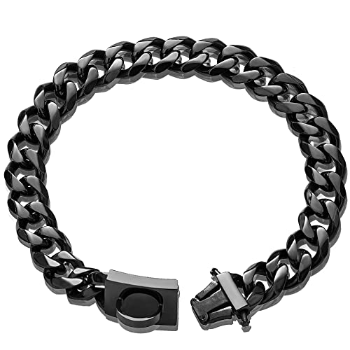 W/W Lifetime Collar de cadena para perro, cadena de eslabones cubanos negros con fuerte diseño de hebilla segura, 19 mm de acero inoxidable resistente collar de entrenamiento medianos y grandes