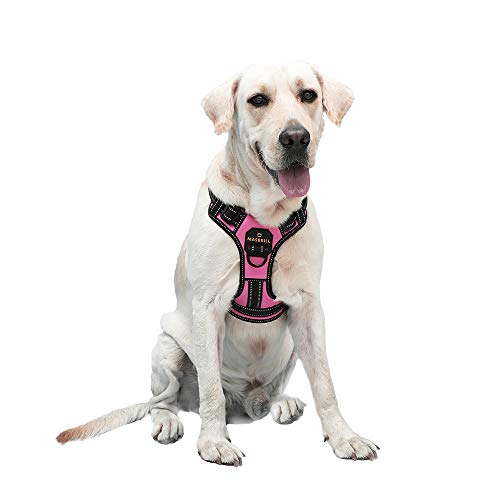 Arnes Perro Antitirones Pequeño Mediano Grande Arnés Pecho Perros Coche con Control de Manija y Linea Reflectante, Ajustable Cómodo Acolchado Arnes Chaleco Perro para Adiesreamiento(Rosa, L)