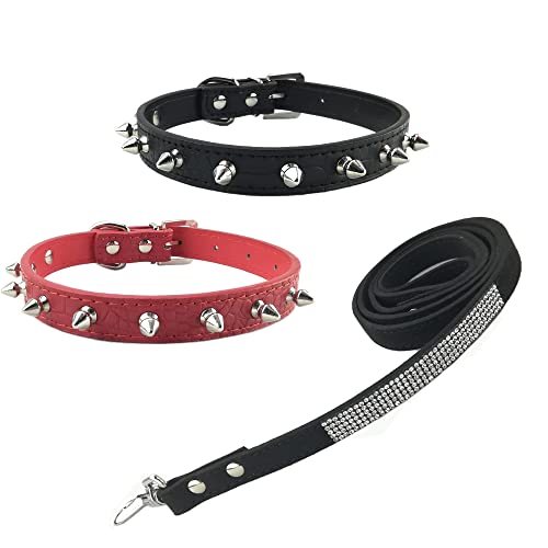 Newtensina 3 Piezas Collar de Perro con Correa Set 2 Piezas Grano de cocodrilo Soft Pinchos Collar de Perro con Bling Correa para Perros pequeños