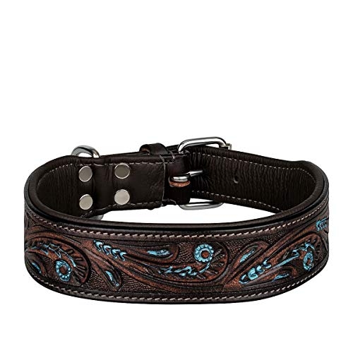 MICHUR Luis Collar de Cuero para Perros Collar de Cuero para Perros Collar para Perros Marrón con Detalles en Azul y Hermoso Cuero con patrón de perforación Disponible en Diferentes tamaños