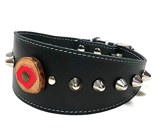 Collar para Galgo Whippet o Podenco, Diseño Original con Elegantes Tachuelas y Pinchos, Hecho a Mano de Cuero Negro, Artesanal con Olivo y Piel Rojo, Interior Cómodo, Disponible con Correa a Juego