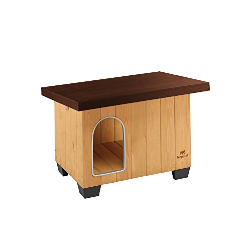 Ferplast Caseta de exterior para perros BAITA 60, Madera ecosostenible, Pies aislantes, Puerta con perfil de aluminio resistente a las mordeduras, Techo abrible, 71,5 x 57 x h 52,5 cm