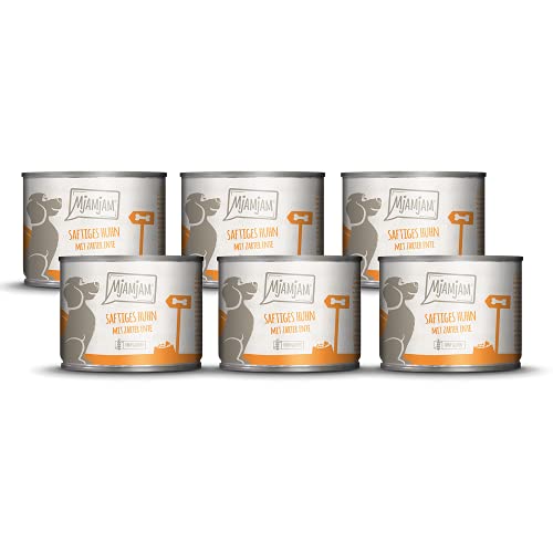 MjAMjAM - comida húmeda premium para perros - Pollo jugoso con tierno pato sobre zanahorias y mijo cocido, pack de 6 (6 x 200 g), natural con extra de carne