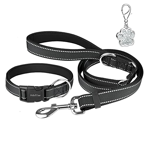 Juego de Collar y Correa para Perro, Collares Reflectantes de Neopreno Suave con Correa Ajustable de 1,8 M con Mango Acolchado y Etiqueta para Perros PequeñOs, Medianos y Grandes, Negro-M