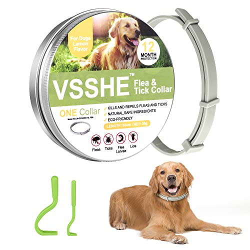 VSSHE Collar Antiparasitos Perros, 12 Meses Eficacia Collar Antipulgas Perros con 2PCS Pinzas para Garrapatas, 63cm Ajustable y Impermeable, contra Garrapatas, Piojos y Mosquitos para Mascotas