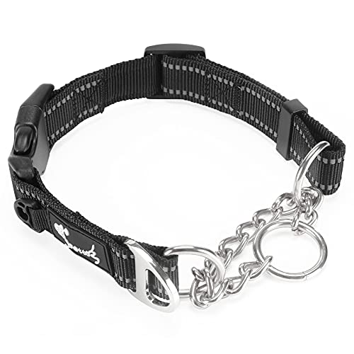 PETTOM Collar para Perros con Cierre de Seguridad, Collar Ancho Nylon Ajustable y Reflectante, Collar Perro Mediano, Grande y Pequeño Resistente (Negro, S)