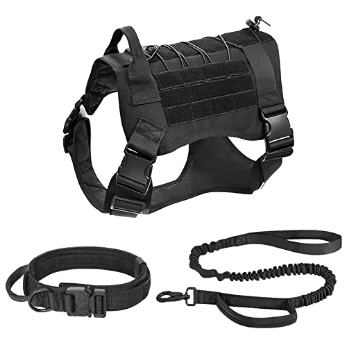 ALLSOPETS Arnés Táctico para Perros Collar y Correa para Perros 3 Juegos Arnés para Perros Medio Grande Arnés de Chaleco para Perros con Collar y Correa para Perros para Exterior Negro M