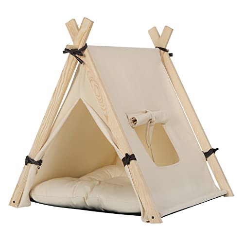 EUGAD Tienda para Mascotas con Cama para Perros Gatos 45x45x55cm Tienda de Lona Lavable Casa para Mascotas con Cojín Suave y Extraíble Montaje Fácil con Soportes de Madera Blanco 0022GD