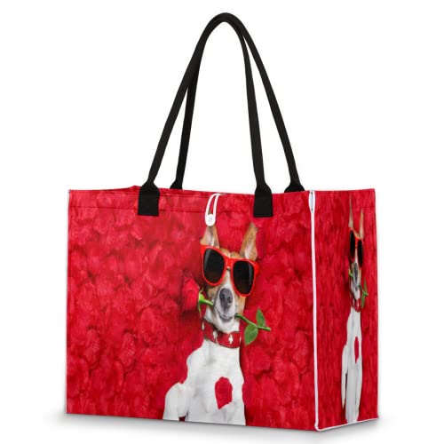 Bolsa de playa para mujeres y niñas, perro animal rosa, bolsa grande de playa, a prueba de arena, bolsa de hombro reutilizable, bolsa de compras con asa, Multicolor, Talla única