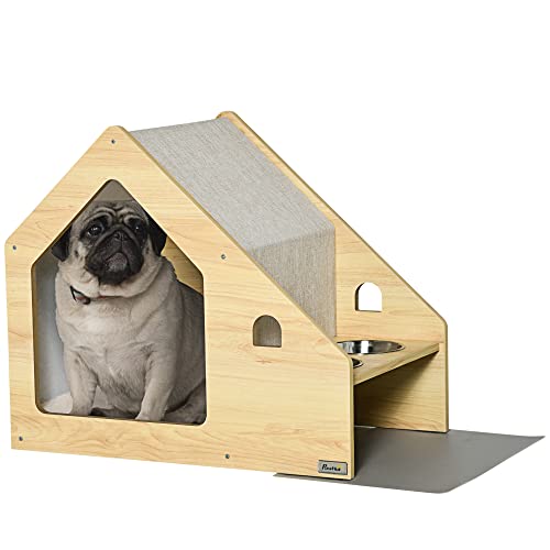 PawHut Caseta para Perros de Madera Cama de Interior para Cachorros con Comedero 2 Cuencos de Acero Inoxidable y Cojín Suave Desenfundable 62x40x54 cm Roble y Gris