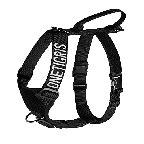 OneTigris No-Pull Arnés para perros Goliath con asa, arnés táctico ajustable para perros, cachorros, caza, senderismo, entrenamiento, paseo, actividades al aire libre (negro, M)