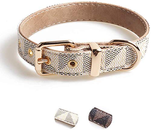 Collar de piel para cachorro, collar de piel de lujo clásico básico, collar con patrón de cuadros, collar de cuero duradero con hebilla de metal, adecuado para perros pequeños y medianos