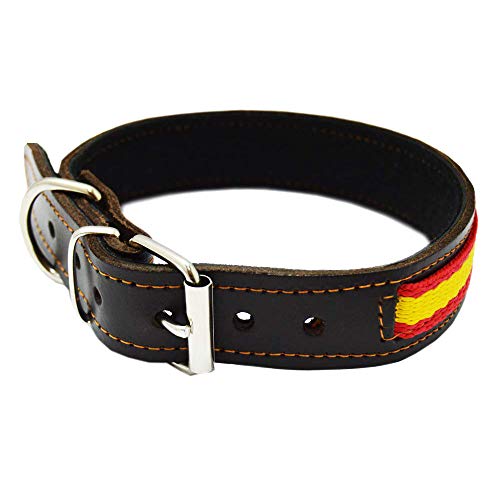 Tiendas LGP - Collar para Perros de Piel Flor con Bandera de España, 3 x 58 cm, Color Marron