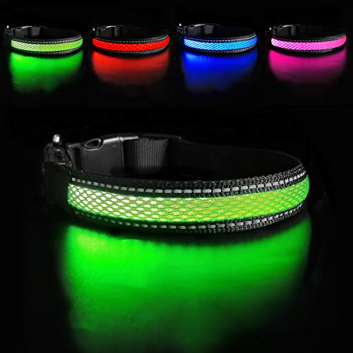 MASBRILL Collar Luminoso Perro de Mascota, 3 Modos Collar Perro Luz con Recargable y Impermeable, Ajustable Collares Destello LED para Perros Pequeños/Medianos/Grandes(Verde S)