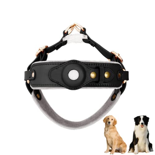 PUSHY.D AirTag Perro Cuero Arnés de Tracción Puede Colgar Correa Anti-Wandering Ajustable Airtag Collar de Mascotas para Perros Pequeños Medianos y Grandes(Negro, S)