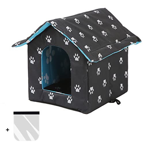 Casa para gatos para exteriores, resistente al invierno, impermeable, resistente a la intemperie, con cortina transparente extraíble (negro, S)