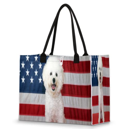 Bolsa de playa para mujeres y niñas, Bichon Frise perro bandera de Estados Unidos, bolsa grande de playa, a prueba de arena, bolsa de hombro reutilizable, bolsa de compras de comestibles con asa,