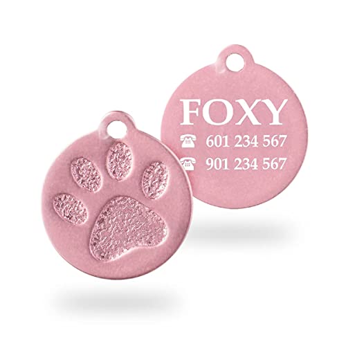 Placa redonda con huella para mascotas pequeñas-medianas chapa medalla de identificación personalizada para collar perro gato mascota grabada (Rosa)